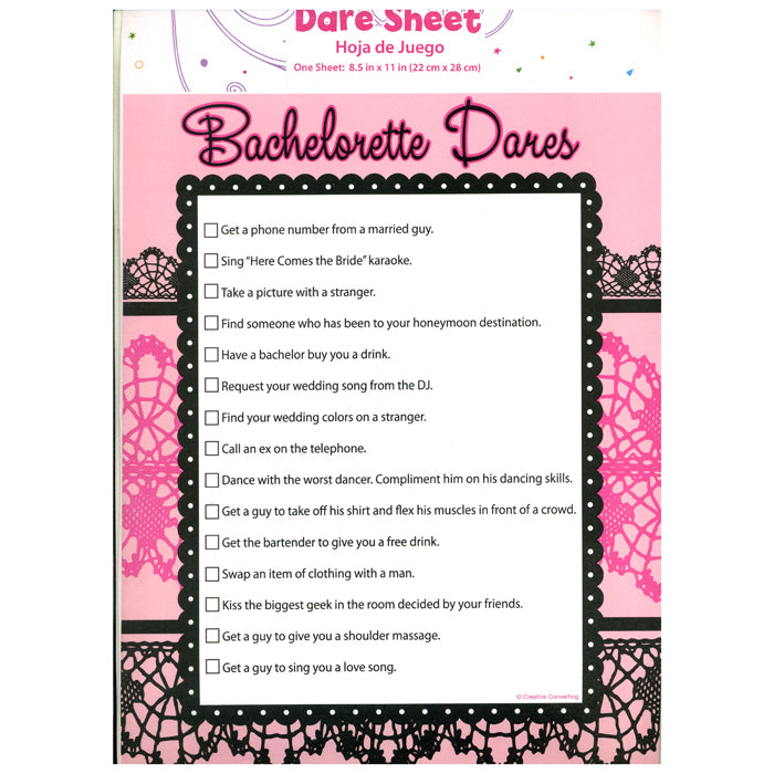 Pink and Lace Bachelorette Dare Sheet